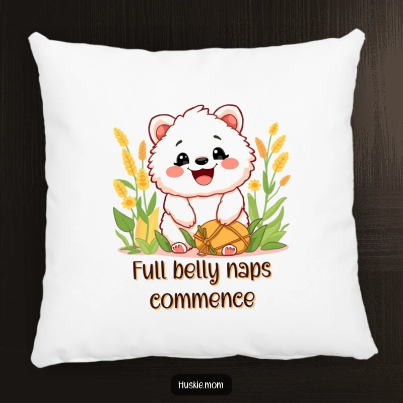 Funny Pillow: Soft cushion with a fluffy animal grinning widely after a harvest, bringing cheerful and humorous comfort.