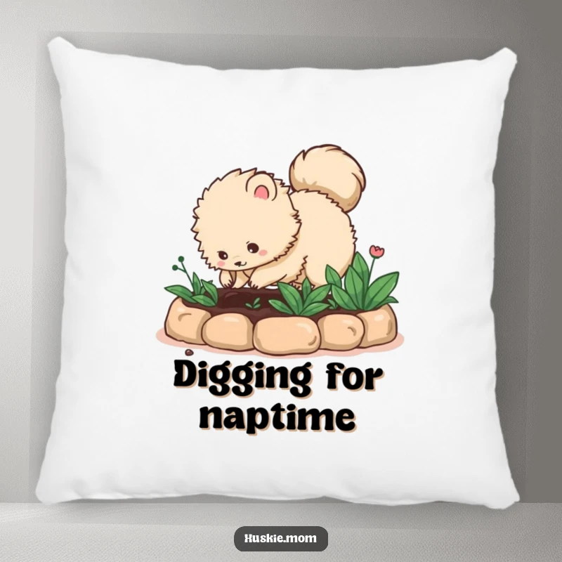 Funny fluffy animal with a bushy tail digging in a garden bed on a pillow, bringing garden humor and comfort, an ideal funny gift.