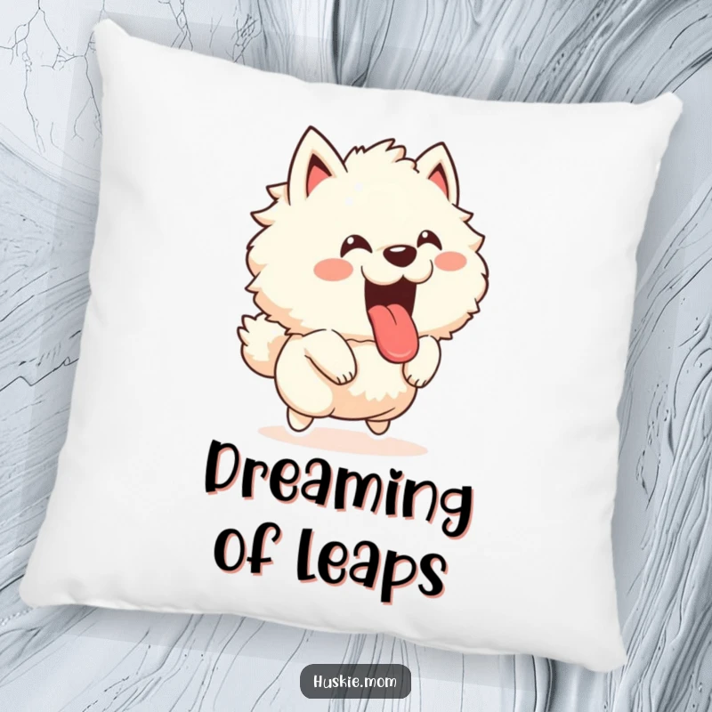 Funny pillow with a fluffy animal joyfully leaping with its tongue out and a happy bark, providing comfort and energetic humor.