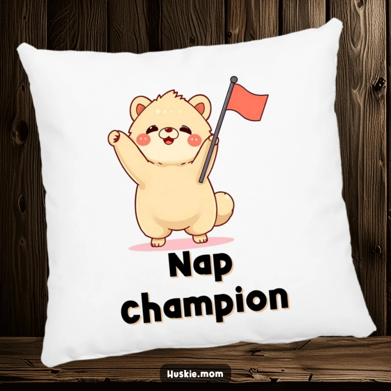 Funny fluffy animal standing tall, waving a small flag, cozy cheer pillow, enthusiastic and spirited home decor.