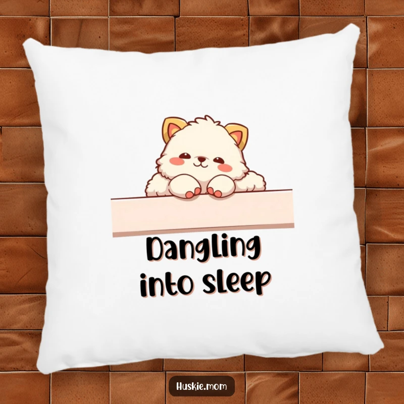 Funny pillow featuring a fluffy animal in a completely relaxed lounging posture, paws dangling loosely over the edge.