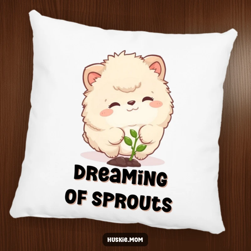 Funny pillow with a fluffy animal curiously nudging a tiny sprout, providing comfort and a touch of gentle humor.