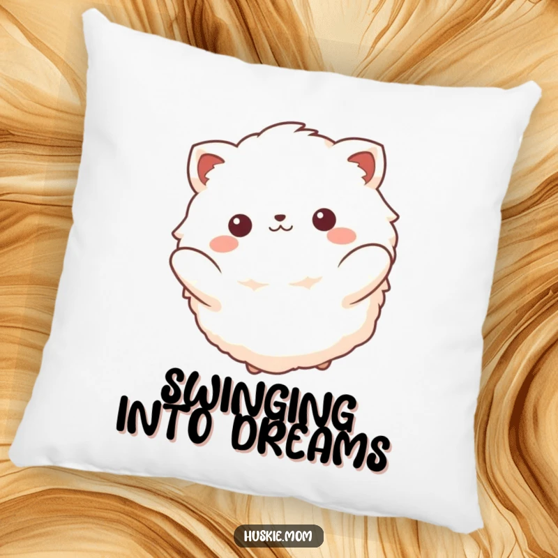 Funny pillow featuring a fluffy animal with a blissful smile, gently suspended in a swing, radiating peaceful contentment.
