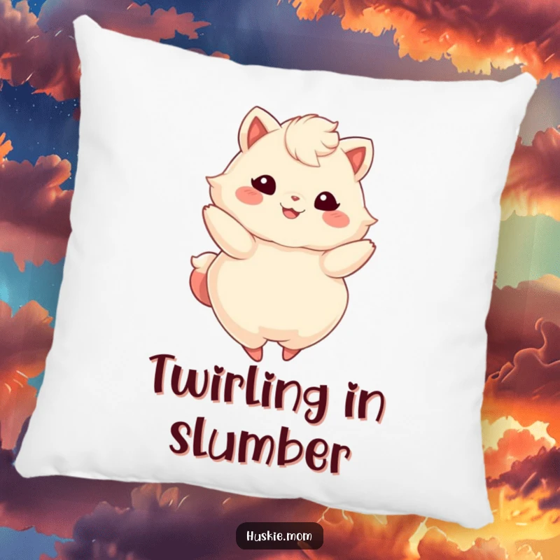 Funny pillow featuring a fluffy animal with a bright smile, gracefully captured in a dynamic twirl, radiating happiness.