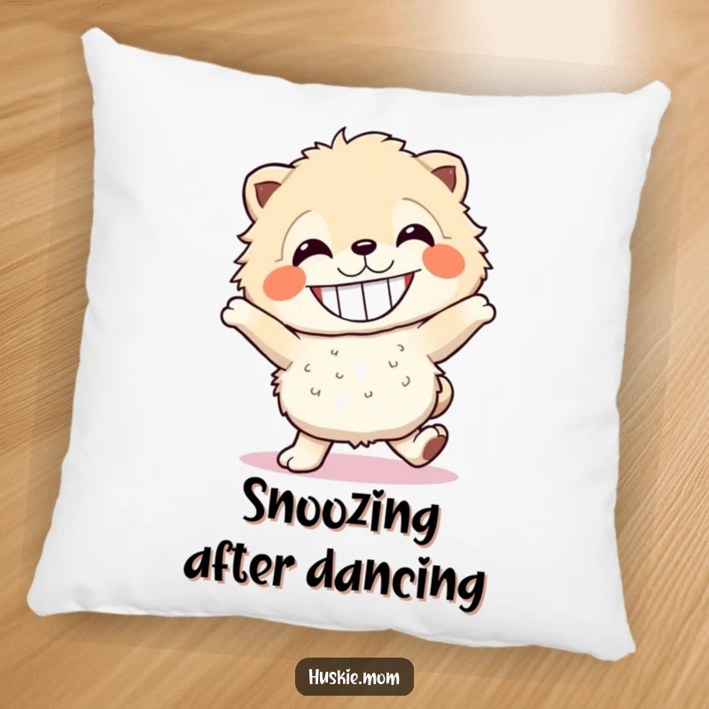 Funny fluffy dancer pillow, soft and decorative, featuring a grinning creature dancing, a great gift.