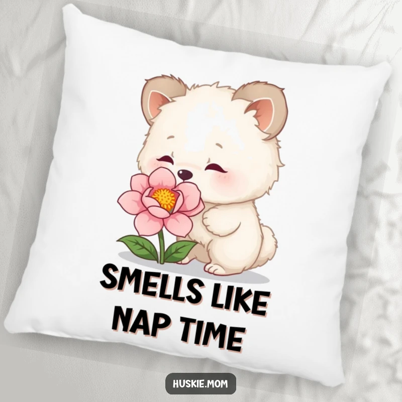 Funny Pillow: Soft cushion with a fluffy animal curiously sniffing a flower, bringing a touch of nature's humor indoors.
