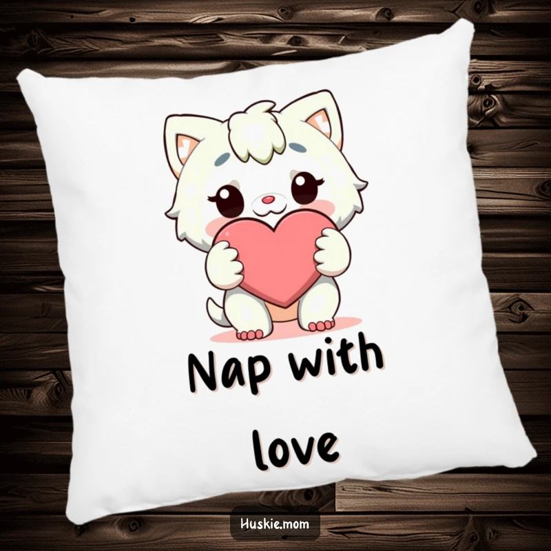 Funny Pillow: A soft pillow featuring a character holding a large, cheerful heart with both paws, embodying pure love.