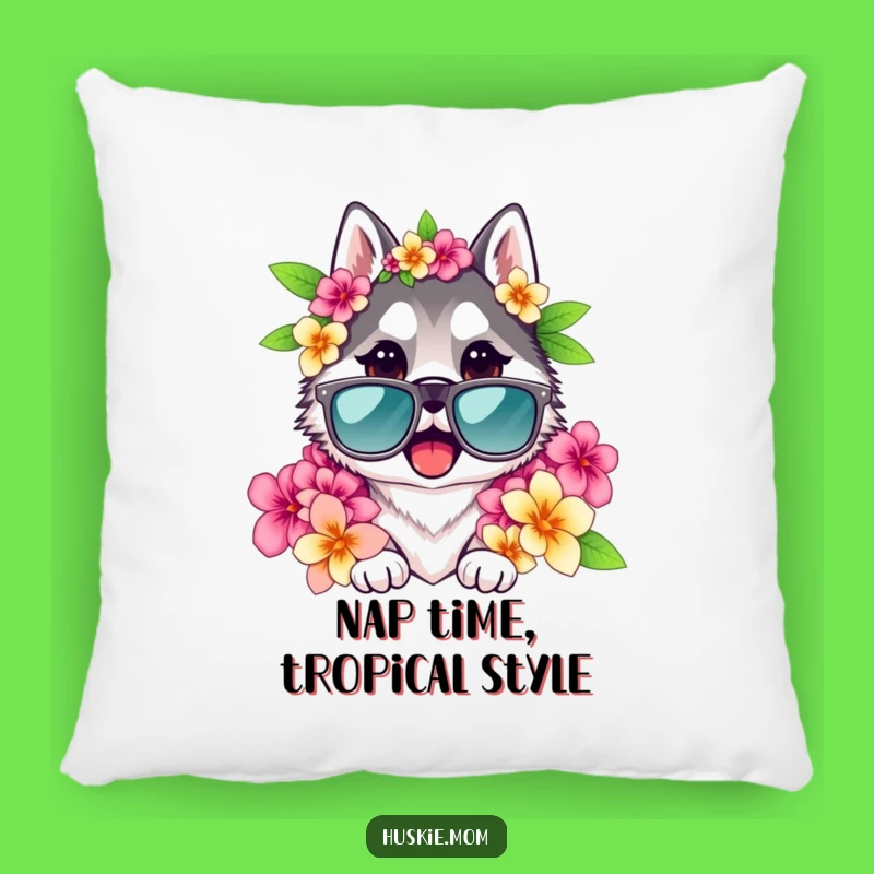 Funny Husky Lady Pillow: Cool Sunglasses & Lei, Comfy & Hilarious Accent