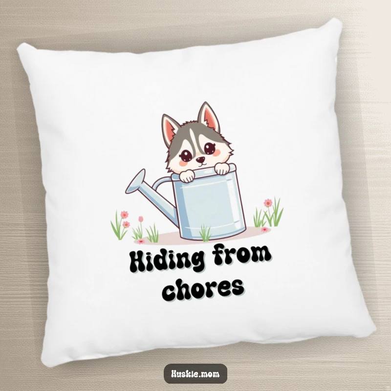 Funny Husky Lady Pillow, soft and decorative, showing a cute husky peeking from behind a watering can, adds humor to decor.