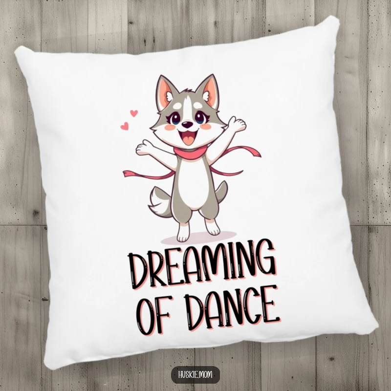 Funny Husky Lady Pillow, soft and decorative, showing an energetic husky lady performing a silly ribbon dance, adds playful vibes.