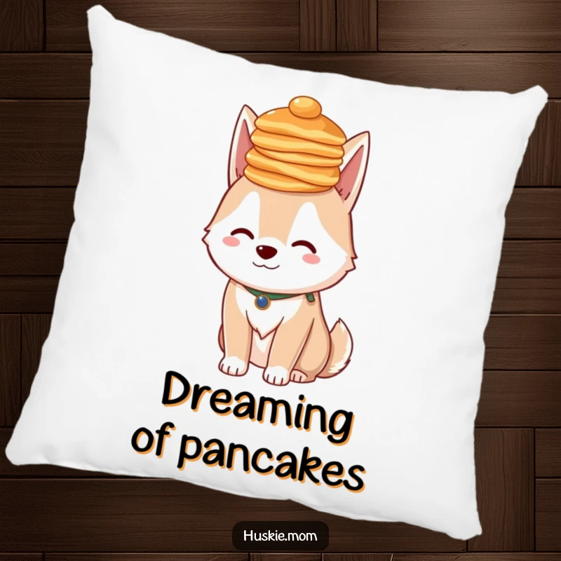 Funny Husky Pancakes Pillow: Soft cushion with a fluffy dog balancing pancakes, a cozy funny gift.