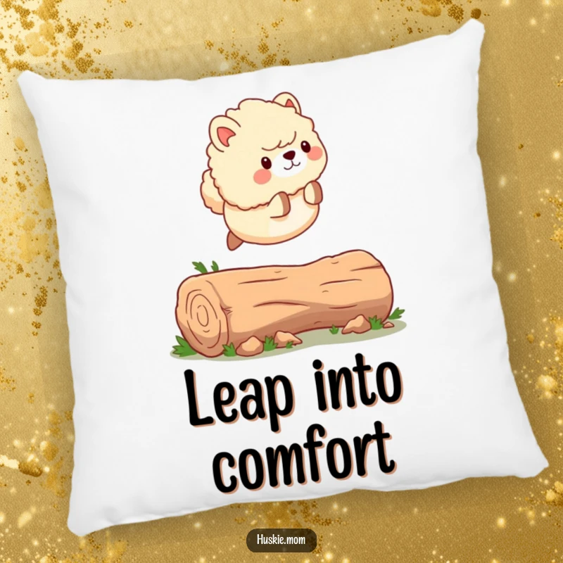 Funny Pillow: A fluffy animal with a wagging tail, captured leaping over a fallen log, adding playful energy.