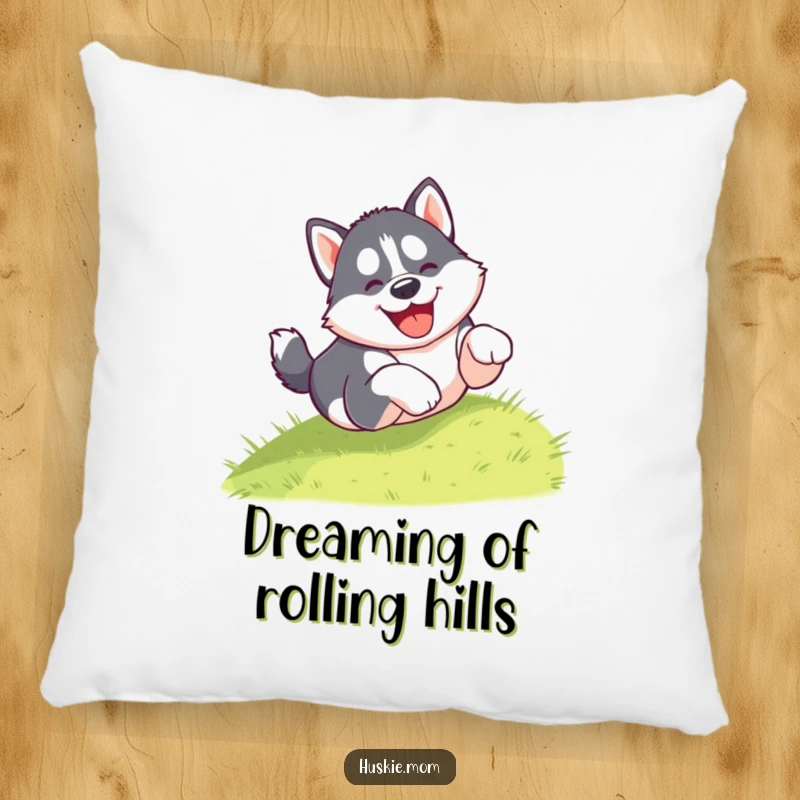 Funny pillow with a gleeful husky puppy tumbling head over paws down a grassy hill, offering comfort and puppy-inspired humor.
