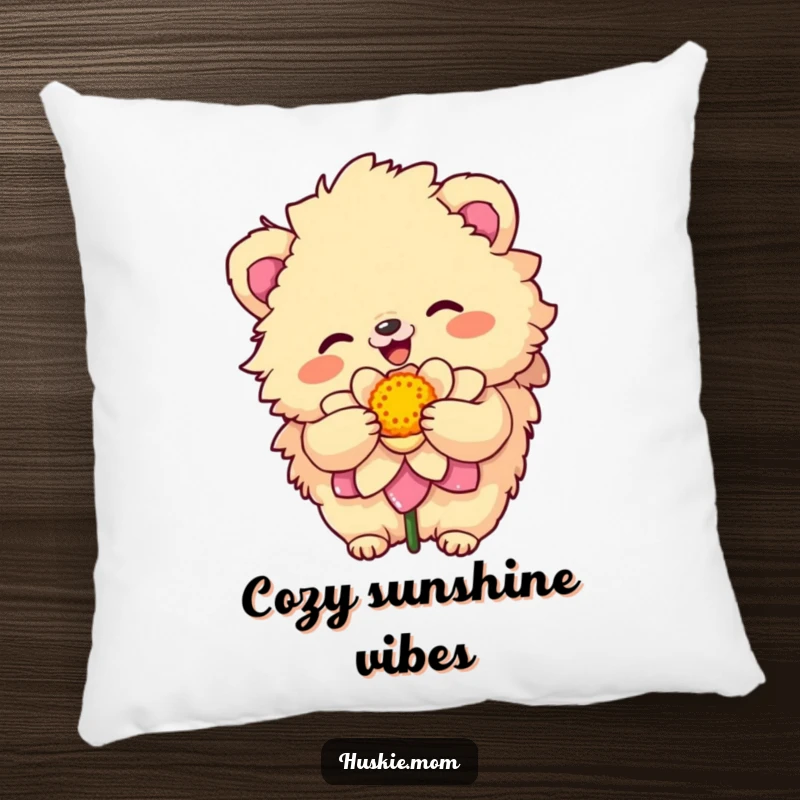 Funny Pillow featuring a fluffy animal with a sunny disposition embracing a colorful bloom, offering comfort and humorous joy.