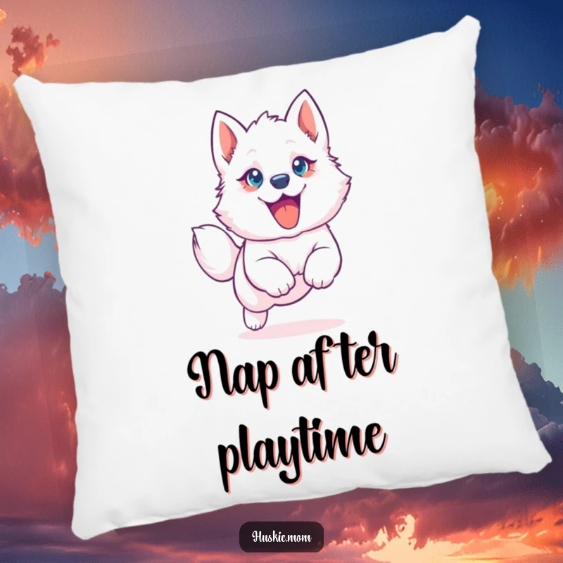 Funny Husky Puppy Pillow: Soft, decorative pillow with a leaping husky pup, big eyes, floppy ear, super funny gift.