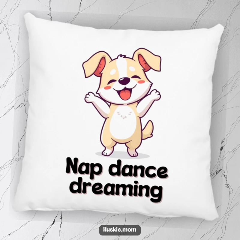 Funny dog dancing pillow, showing a happy dog wiggling with floppy ears, adding a touch of humor to home decor.