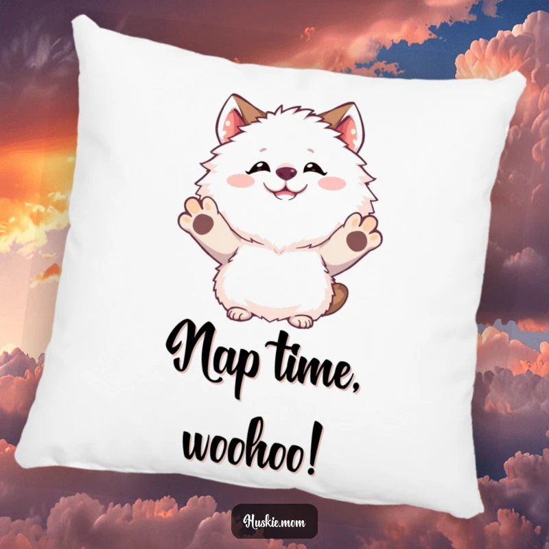 Funny Pillow featuring a fluffy animal's goofy grin and raised paws, bringing comfort and humorous celebration.
