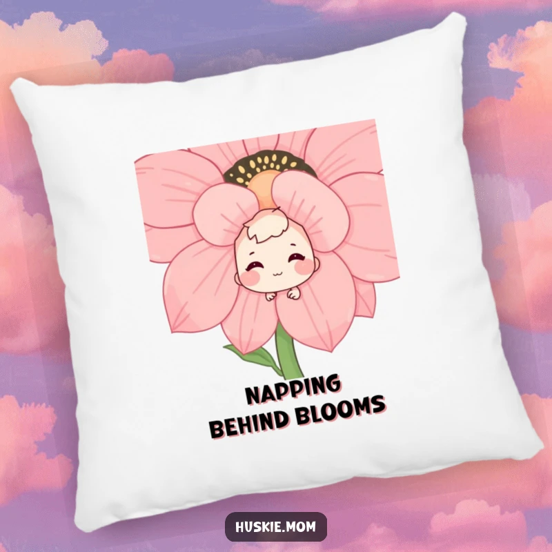Funny decorative pillow with a shy character peeking from behind a blooming flower, a bashful smile hinting at playful secrets, perfect for sofas.