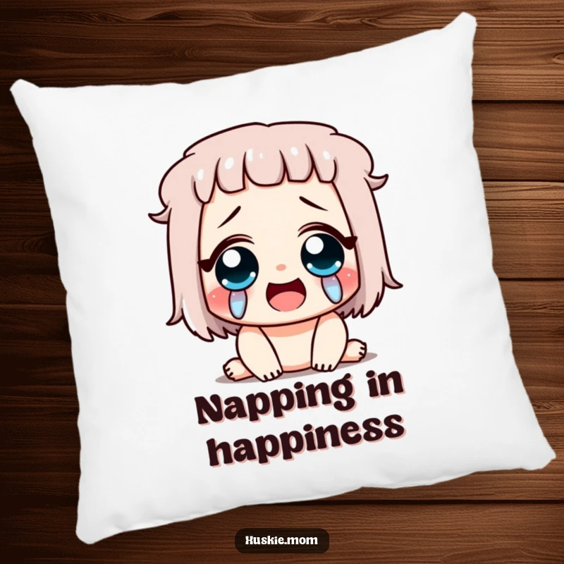 Funny decorative pillow with a character overcome with happy tears, eyes closed in a fit of laughter, perfect for adding comfort and humor.