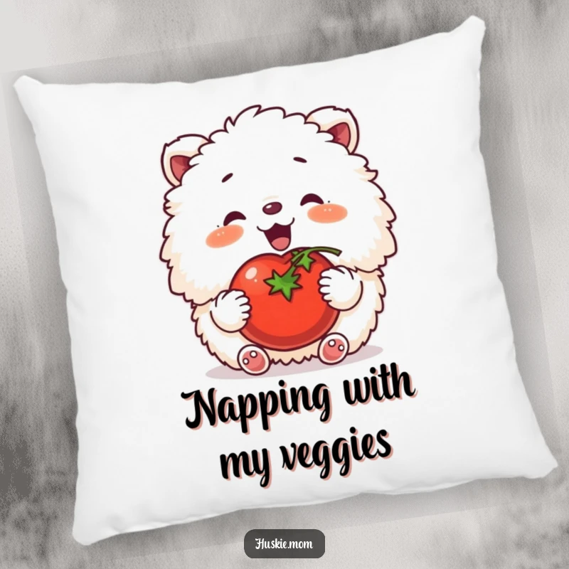 Funny pillow with a fluffy animal happily patting a ripe tomato, offering comfort and a humorous garden theme.