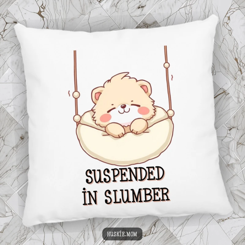 Funny Pillow: A fluffy animal with a playful grin sleeping soundly in a suspended bed, offering cozy comfort.