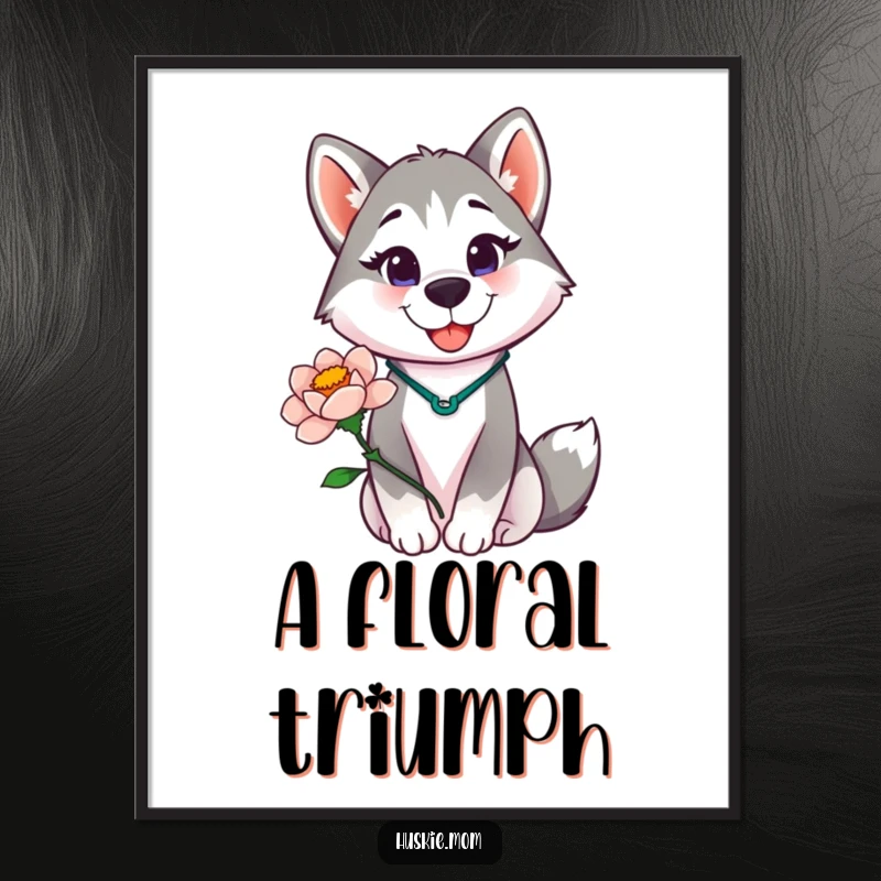 Funny Husky Lady Digital Art Print, high-quality humorous artwork of a proud husky lady holding a stunning blooming flower.