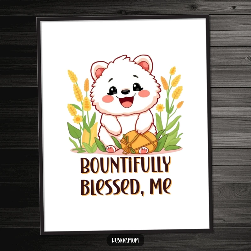 Funny Digital Art Print: High-resolution artwork of a fluffy animal grinning widely after a harvest, adding joyful humor to decor.