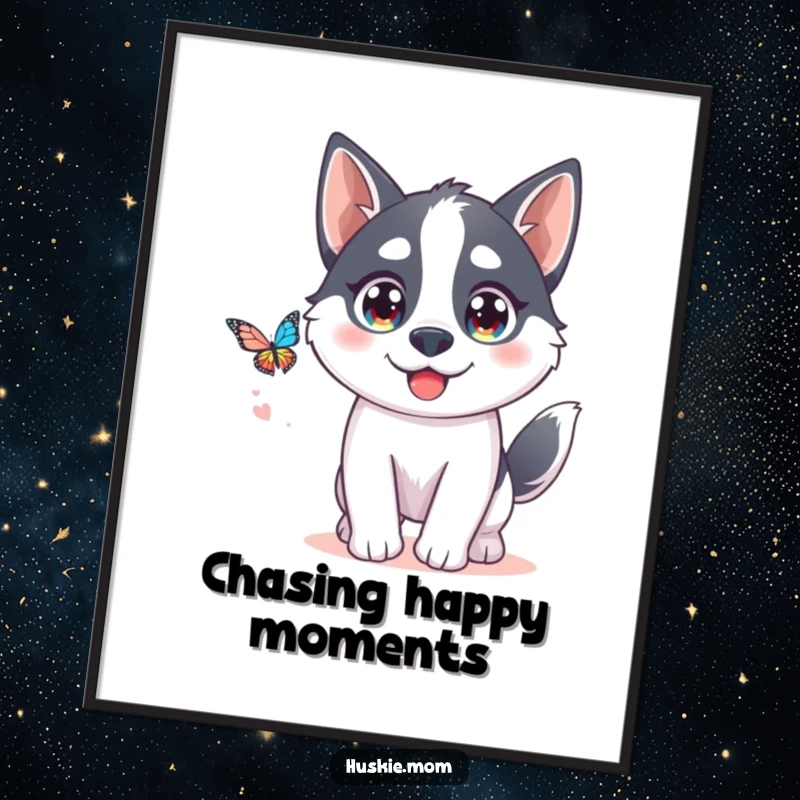 Funny Kawaii Husky Digital Art: A cute husky with sparkling eyes playfully chases a butterfly, creating a humorous printable.