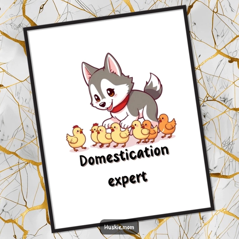 Funny Husky Lady Digital Art Print of a husky playfully herding a group of small chickens, for humorous farm decor.
