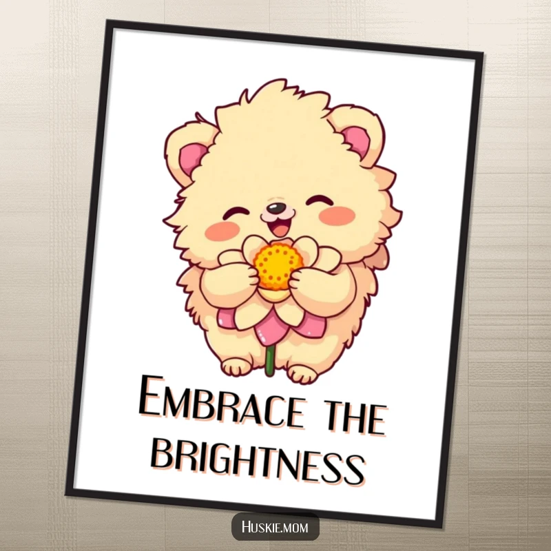 Funny Digital Art Print of a fluffy animal with a sunny disposition embracing a colorful bloom, radiating cheerful humor.