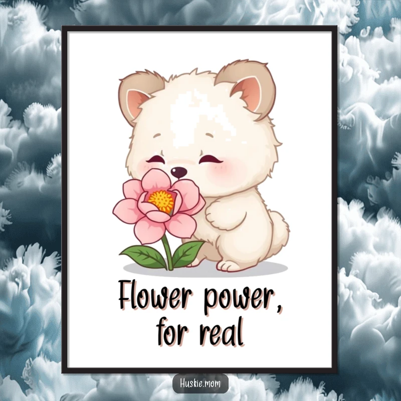 Funny Digital Art Print: High-resolution artwork of a fluffy animal curiously sniffing a flower, adding nature's humor to decor.