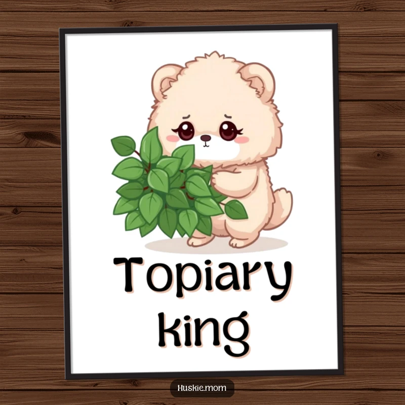 Funny digital art print of a fluffy animal with a determined gaze pruning a leafy bush, instant downloadable humorous wall art.