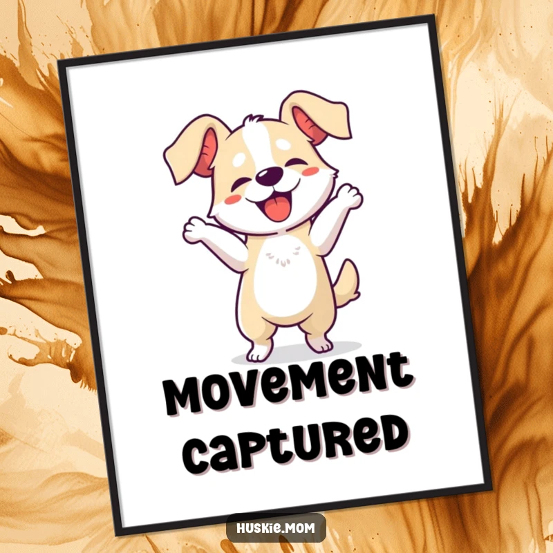 Funny dog dancing digital art print, a vibrant illustration of a dog's joyful, floppy-eared dance, perfect for instant home decor.