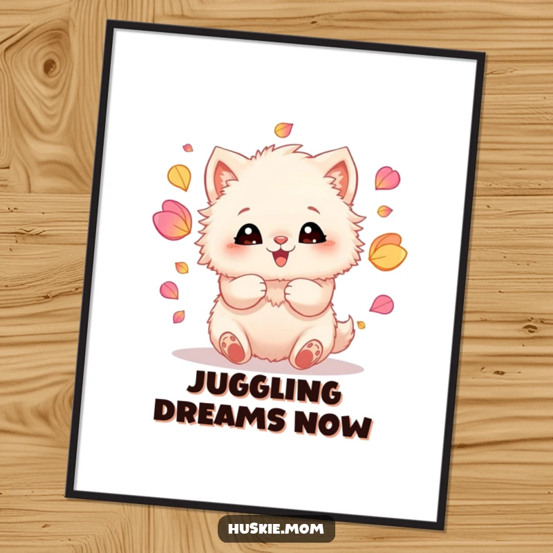 Funny digital art print of a fluffy animal with ecstatic eyes, juggling a vibrant cascade of colorful petals with its paws.