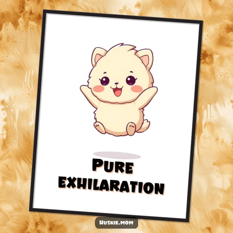 Funny fluffy animal digital art print jumping with a cheerful expression, offering instant happiness and vibrant wall decoration.