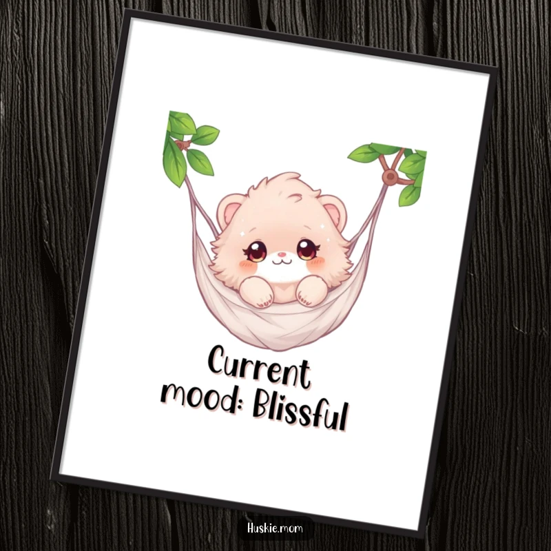 Funny digital art print of a fluffy animal with sparkling eyes relaxing in a hammock, creating a tranquil and humorous scene.