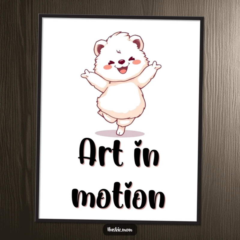 Funny digital art print of a fluffy animal performing a graceful pirouette, capturing motion and cheerful expression.