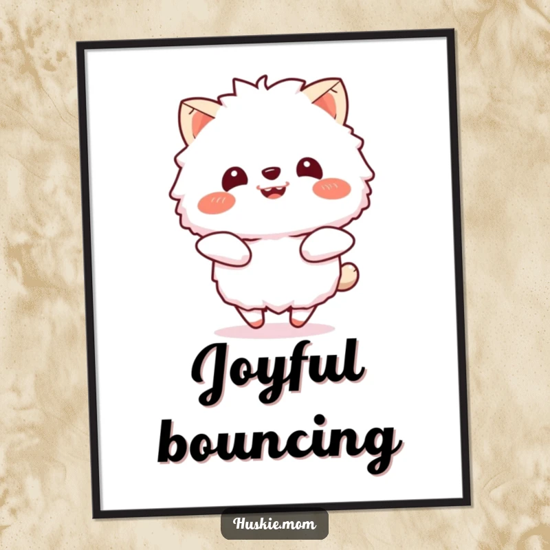 Funny digital art print of a fluffy animal with a beaming smile, bouncing enthusiastically, perfect for creating instant joyful and humorous wall decor.
