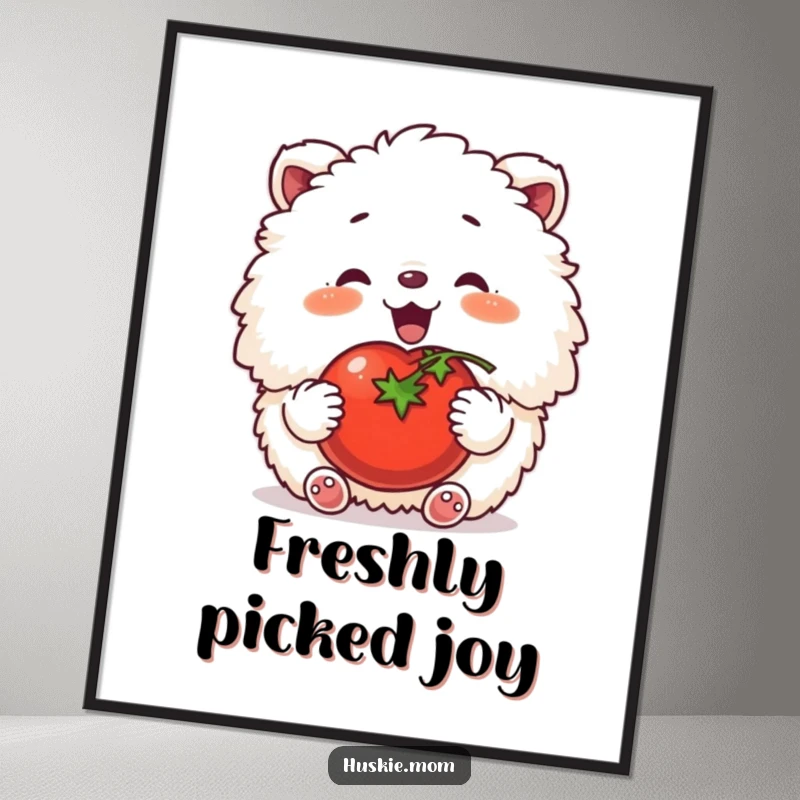 Funny digital art of a fluffy animal contentedly patting a ripe tomato, evoking warmth and garden satisfaction.