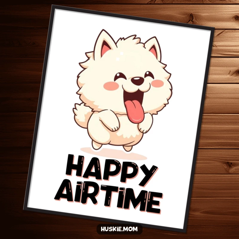 Funny digital art print of a fluffy animal joyfully leaping with its tongue out and a happy bark, instant downloadable energetic art.