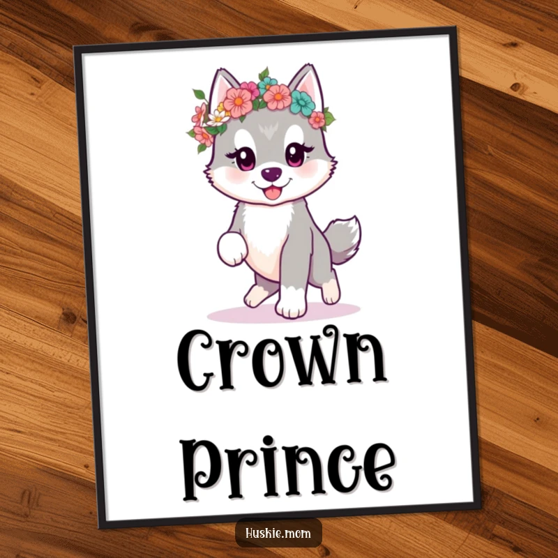 Funny kawaii husky puppy prancing with a flower crown, available as a sweet digital art print.