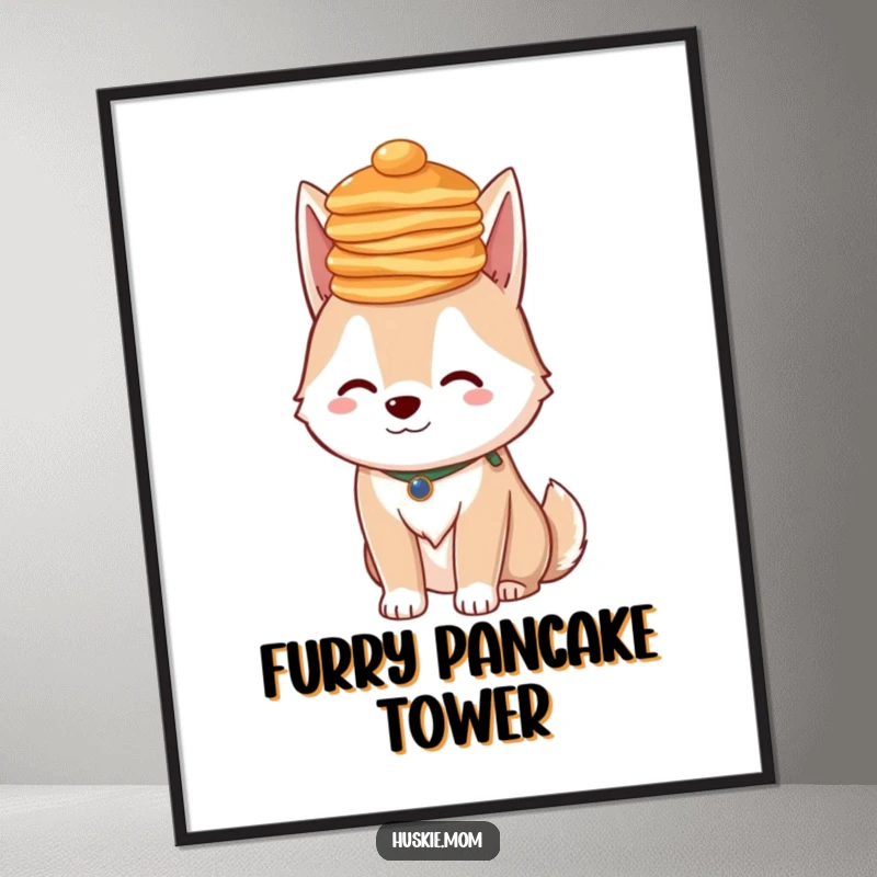 Funny Husky Pancakes Digital Art: Printable art of a dog balancing pancakes, a charming funny gift.