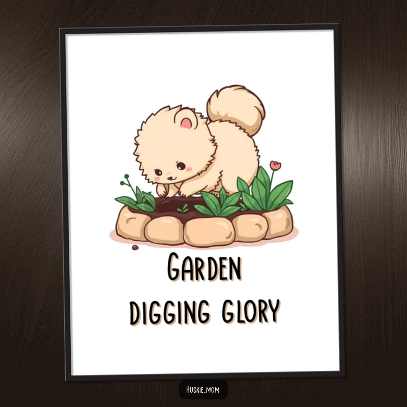 Funny fluffy animal with a bushy tail digging in a garden bed, depicted in digital art for instant download, bringing garden humor, a great funny gift.