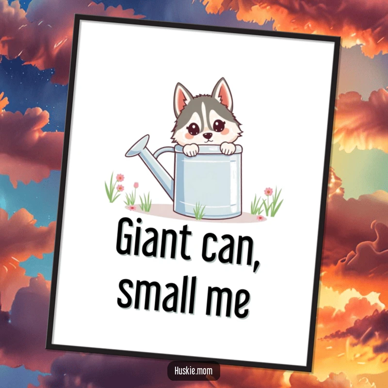 Funny Husky Lady Digital Art Print, a high-resolution humorous illustration of a husky peeking from behind a watering can.