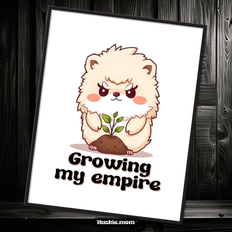Funny Digital Art Print of a fluffy animal with a determined look protecting a small seedling, a humorous and inspiring piece.
