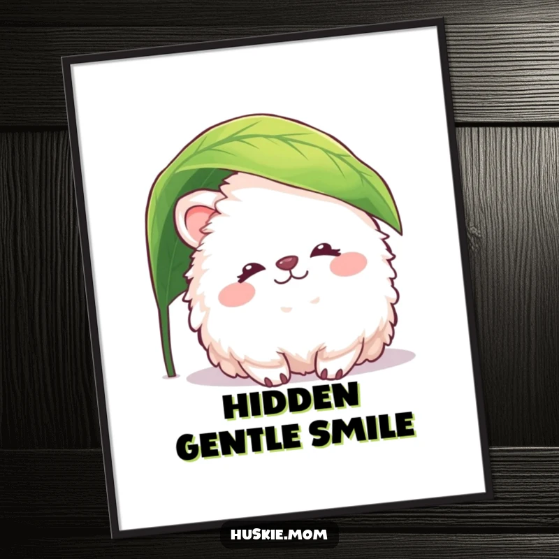 Funny fluffy animal digital art print of a creature with a peaceful smile peeking from under a leaf, evoking serenity and gentle humor.