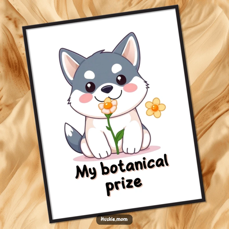 Funny Kawaii Husky Digital Art Print: High-resolution artwork of a cute husky holding a flower, instant download funny gift.