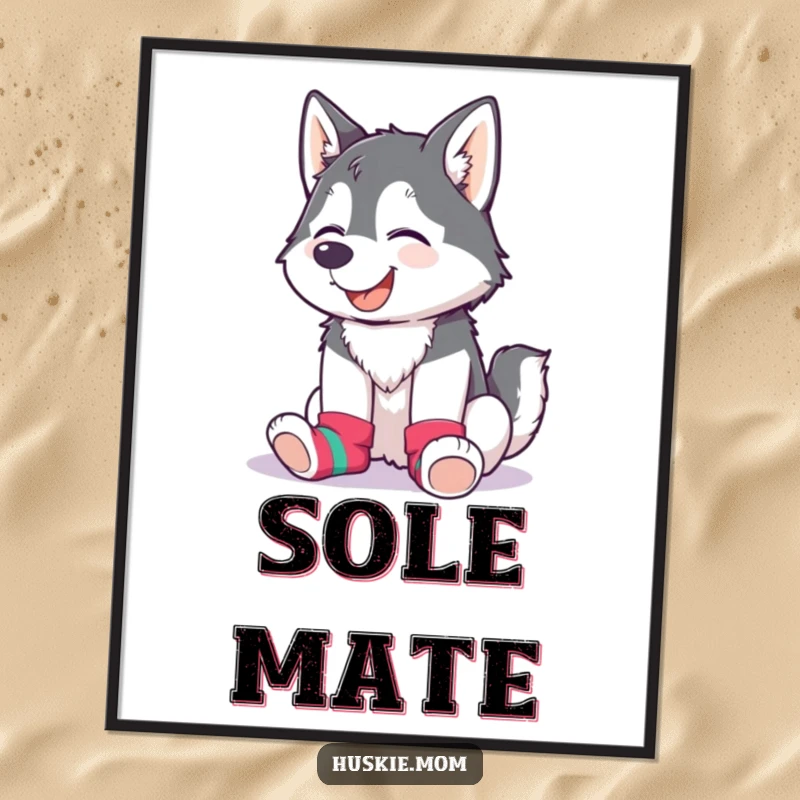 Funny Husky Lady Digital Art Print of a giggling husky wearing mismatched colorful socks, for instant cheerful decor.