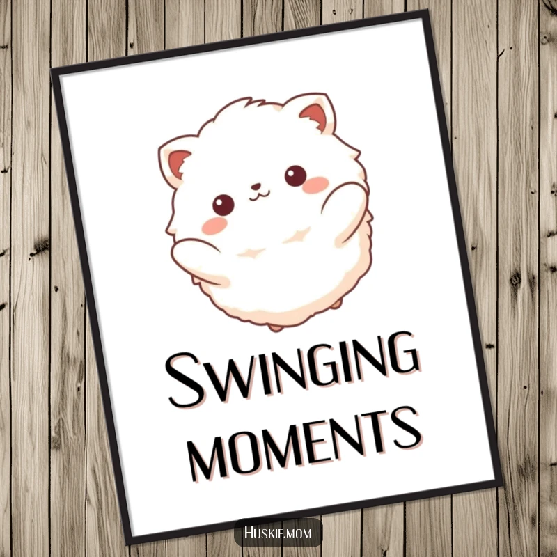 Funny digital art print of a fluffy animal with a beatific smile, gracefully swinging back and forth, evoking tranquility.