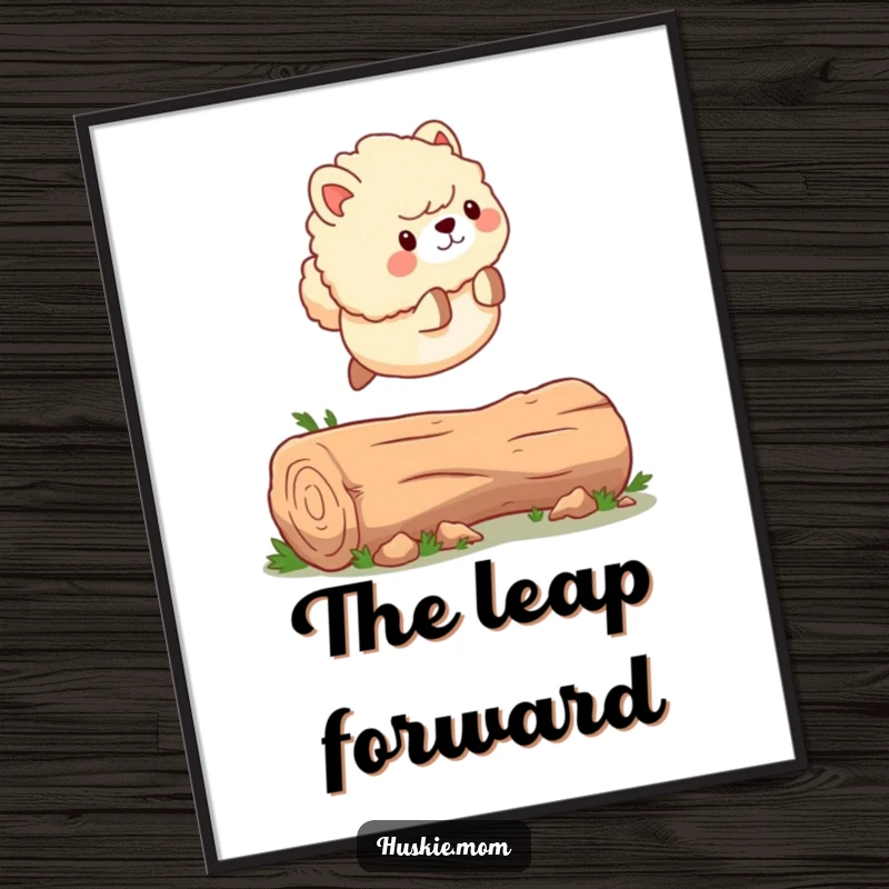 Funny Digital Art Print: A fluffy animal with a wagging tail, dynamically leaping over a fallen log, perfect for active decor.